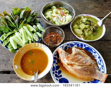 Traditional Lunch Cuisine Food Set Of Southern Thai Style And Boiled Seafood