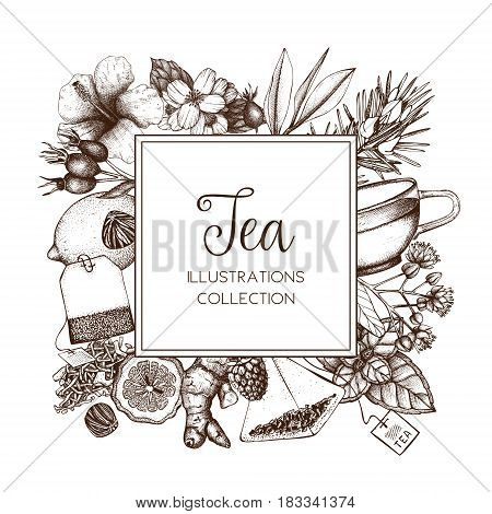 Vector card design with hand drawn tea illustration. Decorative inking background with vintage tea sketch. Sketched template