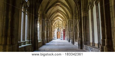 UTRECHT, NETHERLANDS - APRIL 9, 2017: Panorama of the corridor of the Pandhof Domkerk in Utrecht, Holland