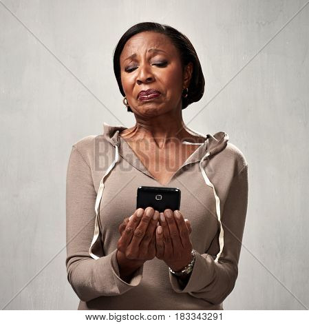 discontented woman with smartphone