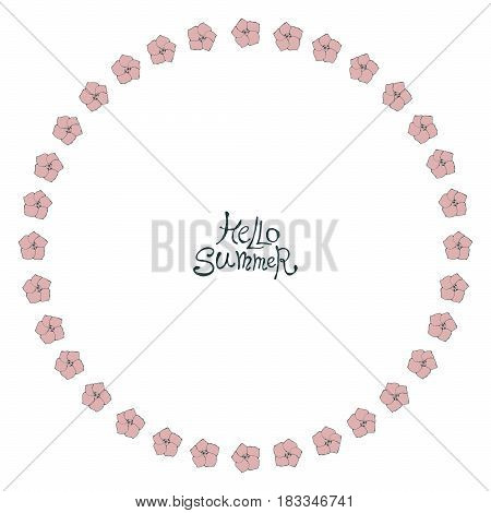 Floral frame with small pink flowers. Nature circle hand drawn border on white background. Vector decoration arranged in a shape of wreath