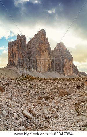Tre Cime di Lavaredo in beautiful surroundings in the Dolomites in Italy Europe (Drei Zinnen)