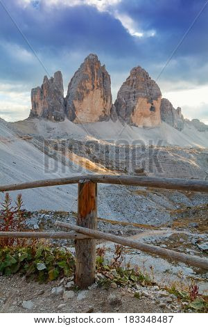 Tre Cime di Lavaredo in beautiful surroundings in the Dolomites at sunset in Italy Europe (Drei Zinnen)