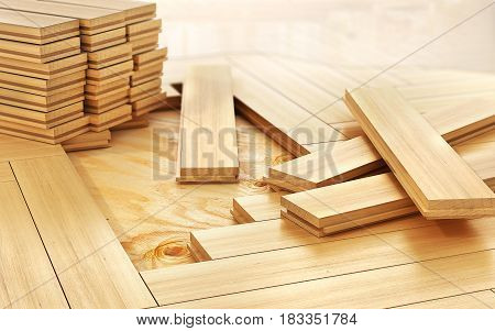 Stack of parquet. Timberwork lumber work and woodwork industry concept: stacks of wooden timber planks on the wooden floor. 3d illustration