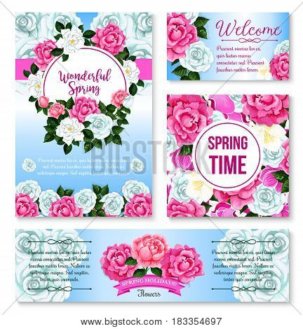 Springtime flower greeting card and banner template. Spring floral frame border of rose, crocus, peony and cyclamen flower with green leaf and wishes of Happy Spring Holidays for festive poster design
