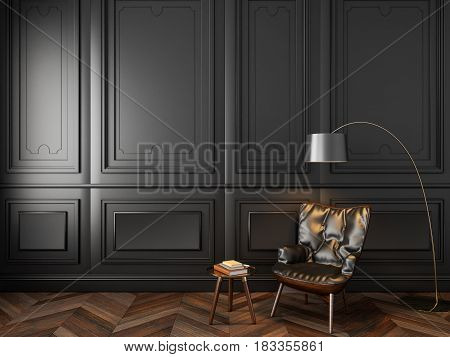 Leather armchair coffee table and floor lamp in classic black interior. 3d render illustration