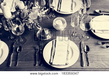 Elegant Restaurant Table Setting Service for Reception with Menu Card
