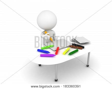 3D Character child coloring on a cluttered messy desk with crayons. Image depicting a creative process.