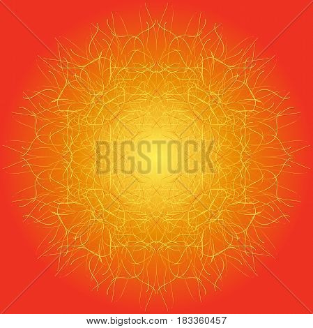 Centripetal ornamental openwork composition. Decorative ornate pattern of curved lines. Raster illustration. Orange-yellow image on a red background.