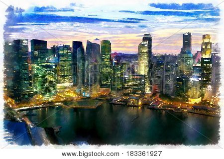 Colorful painting of night cityscape of Singapore