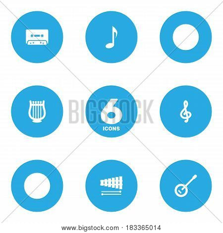 Set Of 6 Music Icons Set.Collection Of Percussion, Banjo, Tape And Other Elements.