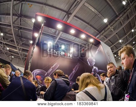MOSCOW RUSSIA - APRIL 21 2017: Booth of Lenspen company at PhotoForum 2017 trade show and exhibition in Moscow Russia on April 21 2017.