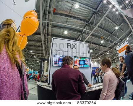 MOSCOW RUSSIA - APRIL 21 2017: Booth of Sony company at PhotoForum 2017 trade show and exhibition in Moscow Russia on April 21 2017.
