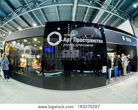 MOSCOW RUSSIA - APRIL 21 2017: Booth of Gitzo company at PhotoForum 2017 trade show and exhibition in Moscow Russia on April 21 2017.
