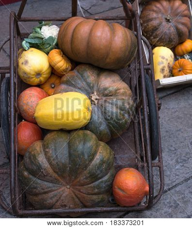 Selection of squash and pumpkins on a vintage cart