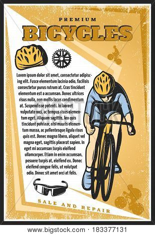 Colored vintage cycling poster with text cyclist riding bike helmet sprocket mask on light background vector illustration