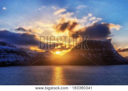 Sunset Behind The Famous Mountain Kirkjufell In Iceland