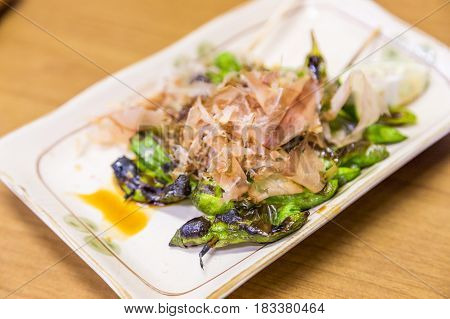 Apetizer, Grilled Okra With Dried Fish Flake.
