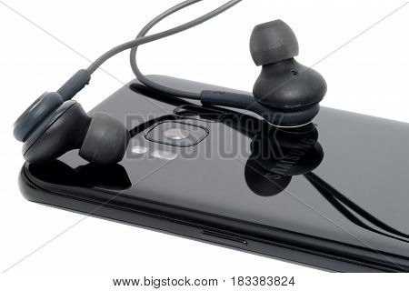 Koszalin, Poland - 25 April, 2017:The new photo of black Samsung Galaxy S8. Samsung S8 are new generation smartphone from Samsung. The Samsung S8 is smart phone with multi touch screen