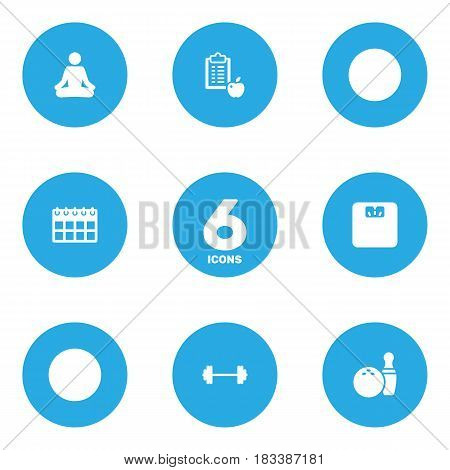 Set Of 6 Bodybuilding Icons Set.Collection Of Kegling, Date, Body Balance And Other Elements.