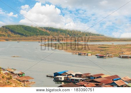 View Of Curve River And Raft House In Kanjana Buri ,thailand