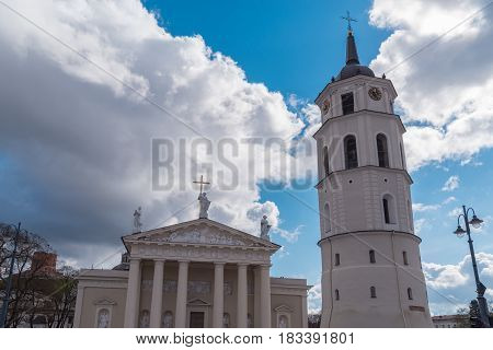 Cathedral Basilica Of St. Stanislaus And St. Vladislav With The Bell Tower Vilnius, Lithuania Europe.