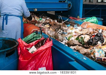 Waste processing plant. Technological process. Recycling and storage of waste for further disposal. Business for sorting and processing of waste.