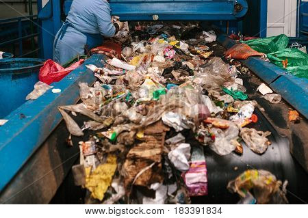 Waste processing plant. Technological process. Recycling and storage of waste for further disposal. Business for sorting and processing of waste.