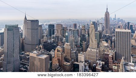 New York City - April 2015, USA: View of Manhattan from Rockefeller Center rooftop