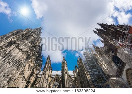View on the beautiful old Cologne Cathedral in Germany / City of Cologne.
The Cologne Cathedral.is a UNESCO World Heritage and was built in 13th century.
He has a height of 157,38 meters.