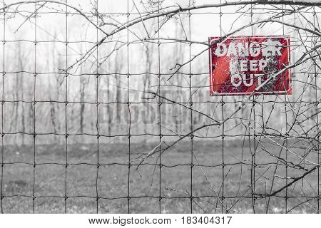 Red Danger sign posted to barbed fence tangled in branches warning people to keep out. Sign in top right corner. Red color isolated.