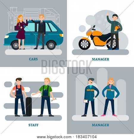 Car repair square concept with clients and professional workers of auto moto and tire services vector illustration