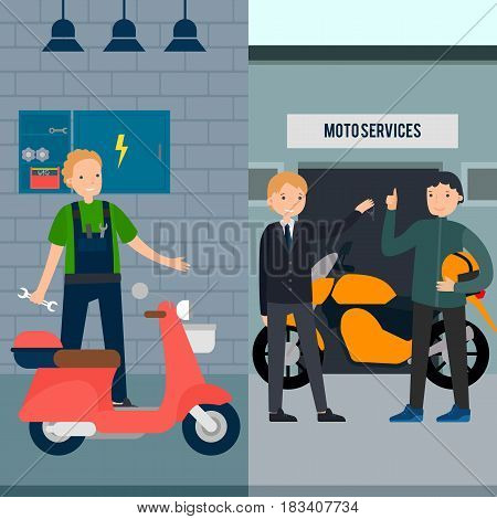 People in moto service vertical banners with mechanic manager and client in flat style vector illustration