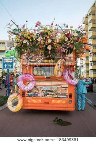 NOORDWIJK NETHERLANDS - 22 APRIL 2017: Platform with tulips and hyacinths follows the route of the traditional flowers parade Bloemencorso from Noordwijk to Haarlem in the Netherlands.
