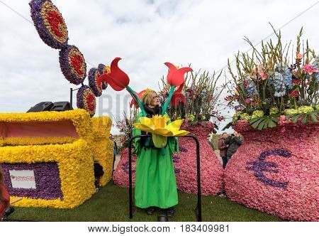 NOORDWIJK NETHERLANDS - 22 APRIL 2017: Platform with tulips and hyacinths follows the route of the traditional flowers parade Bloemencorso from Noordwijk to Haarlem in the Netherlands.