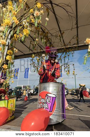 NOORDWIJK NETHERLANDS - 22 APRIL 2017: Platform with tulips and hyacinths follows the route of the traditional flowers parade Bloemencorso from Noordwijk to Haarlem in the Netherlands.