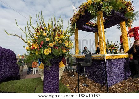 NOORDWIJK NETHERLANDS - 22 APRIL 2017: Platform with tulips and hyacinths follows the route of the traditional flowers parade Bloemencorso from Noordwijk to Haarlem in the Netherlands.