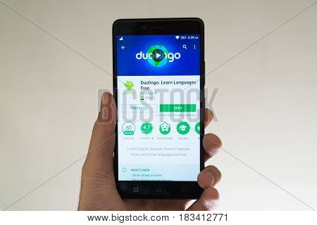 Paris, France, april 22, 2017: Duolingo application on google play store on smartphone