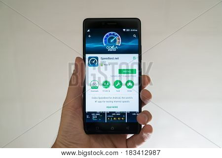 Paris, France, april 22, 2017: Speedtest.net application on google play store on smartphone