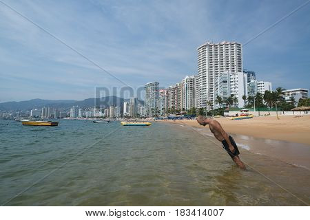 Acapulco, Mexico, circa february 2017: Acapulco beach in Acapulco de Juarez, Mexico