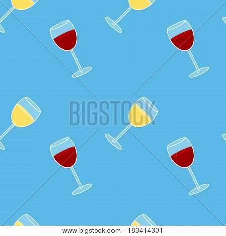 Colorful drawing alcohol drink seamless pattern with glasses of red and white wine on blue background isolated vector illustration