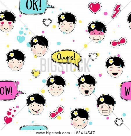 Emoji seamless pattern in anime style with cute girls. Kawaii patch badges. Tillable background for fabric, textile, wrapping or wallpaper. Stickers with manga emoji girls. Different faces and hairs.