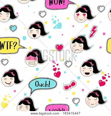 Emoji seamless pattern in anime style with cute girls. Kawaii patch badges. Tillable background for fabric, textile, wrapping or wallpaper. Stickers with manga emoji girls. Different faces and hairs.