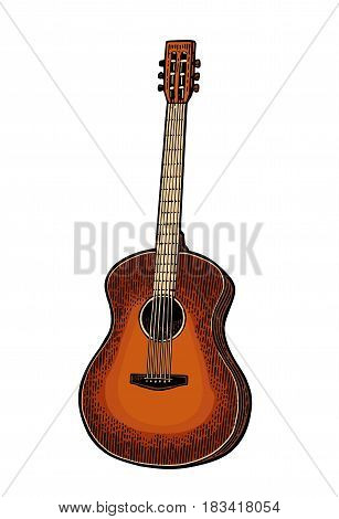 Acoustic guitar. Vintage vector color engraving illustration for poster, web. Isolated on white background.