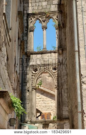 ornamental elements on venetian windows of Kotor Old Town; Montenegro