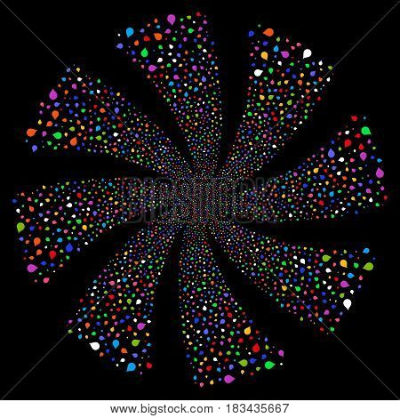 Drop fireworks swirl rotation. Vector illustration style is flat bright multicolored iconic symbols on a black background. Object twirl done from random symbols.