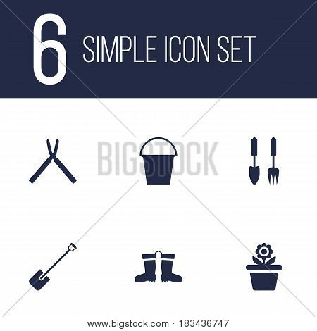 Set Of 6 Farm Icons Set.Collection Of Shovel, Rubber Boots, Scissors And Other Elements.