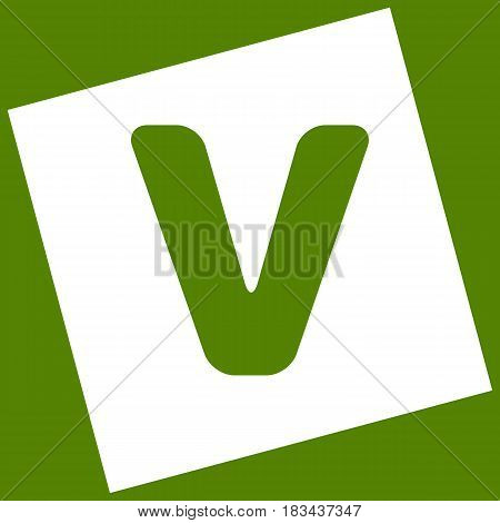 Letter V sign design template element. Vector. White icon obtained as a result of subtraction rotated square and path. Avocado background.