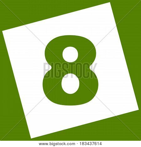 Number 8 sign design template element. Vector. White icon obtained as a result of subtraction rotated square and path. Avocado background.