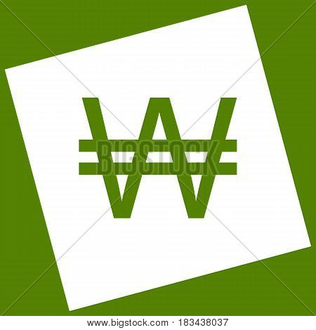 Won sign. Vector. White icon obtained as a result of subtraction rotated square and path. Avocado background.